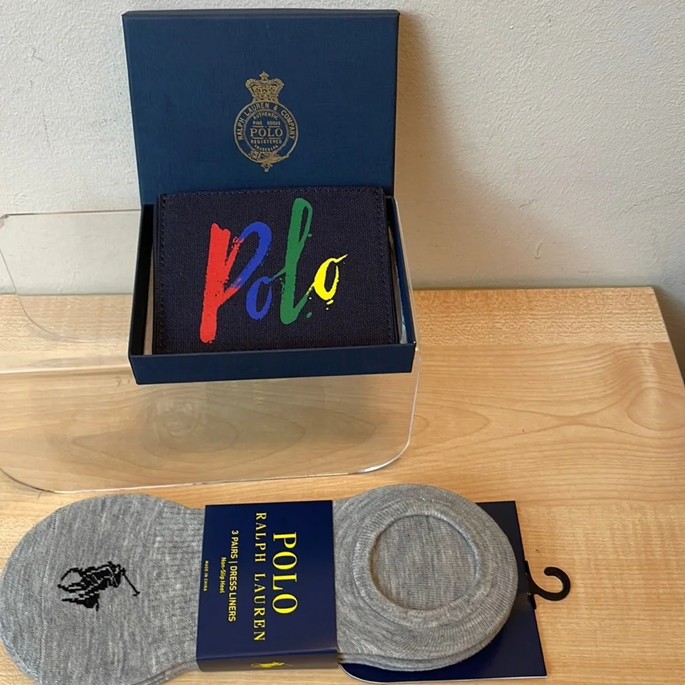 Polo Multicolor Canvas Card Holder w/ POLO Logo AND 3 Pack Grey Dress Liners